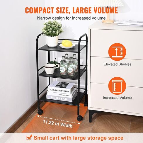 VEVOR 3-Tier Metal Rolling Cart, Heavy Duty Utility Cart with Lockable Wheels, Multi-Functional Storage Trolley with Handle for Office, Living Room, Kitchen, Movable Storage Organizer Shelves, Black in Saudi Arabia