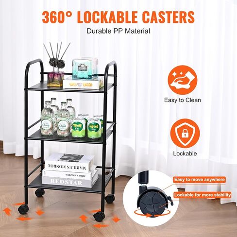VEVOR 3-Tier Metal Rolling Cart, Heavy Duty Utility Cart with Lockable Wheels, Multi-Functional Storage Trolley with Handle for Office, Living Room, Kitchen, Movable Storage Organizer Shelves, Black in Saudi Arabia