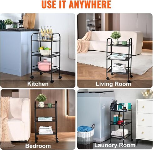 VEVOR 3-Tier Metal Rolling Cart, Heavy Duty Utility Cart with Lockable Wheels, Multi-Functional Storage Trolley with Handle for Office, Living Room, Kitchen, Movable Storage Organizer Shelves, Black in Saudi Arabia