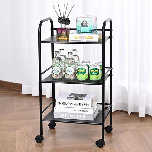 VEVOR 3-Tier Metal Rolling Cart, Heavy Duty Utility Cart with Lockable Wheels, Multi-Functional Storage Trolley with Handle for Office, Living Room, Kitchen, Movable Storage Organizer Shelves, Black in Saudi Arabia