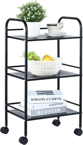 VEVOR 3-Tier Metal Rolling Cart, Heavy Duty Utility Cart with Lockable Wheels, Multi-Functional Storage Trolley with Handle for Office, Living Room, Kitchen, Movable Storage Organizer Shelves, Black in Saudi Arabia