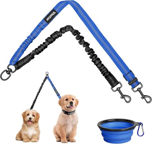 Vastar Pet Double Dog Leash, Tangle Free Bungee Dog Leash Coupler, 360° Swivel Double Dog Walking & Training Leash, Adjustable Strap, Comfortable Shock Absorbing Reflective Bungee Lead for Two Dogs in Saudi Arabia