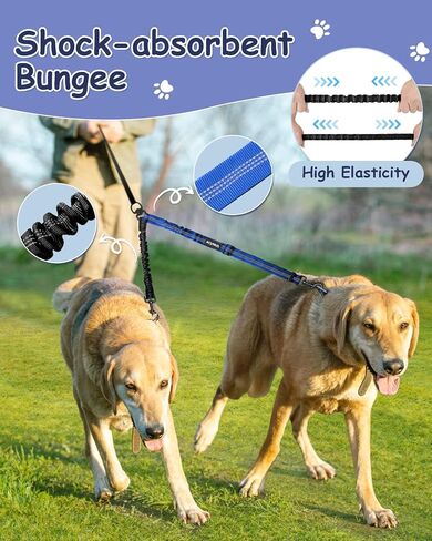 Vastar Pet Double Dog Leash, Tangle Free Bungee Dog Leash Coupler, 360° Swivel Double Dog Walking & Training Leash, Adjustable Strap, Comfortable Shock Absorbing Reflective Bungee Lead for Two Dogs in Saudi Arabia