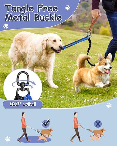 Vastar Pet Double Dog Leash, Tangle Free Bungee Dog Leash Coupler, 360° Swivel Double Dog Walking & Training Leash, Adjustable Strap, Comfortable Shock Absorbing Reflective Bungee Lead for Two Dogs in Saudi Arabia
