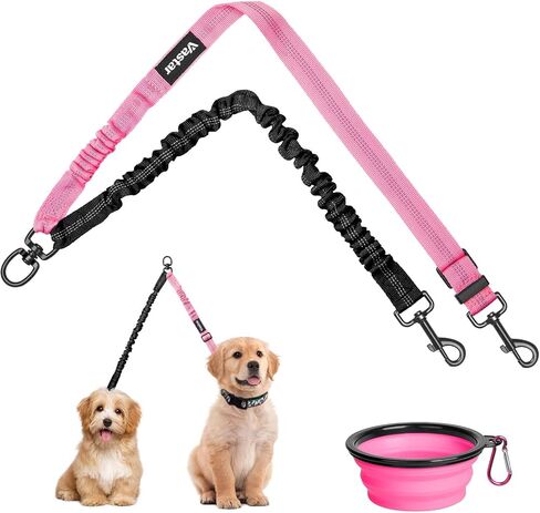 Vastar Pet Double Dog Leash, Tangle Free Bungee Dog Leash Coupler, 360° Swivel Double Dog Walking & Training Leash, Adjustable Strap, Comfortable Shock Absorbing Reflective Bungee Lead for Two Dogs in Saudi Arabia