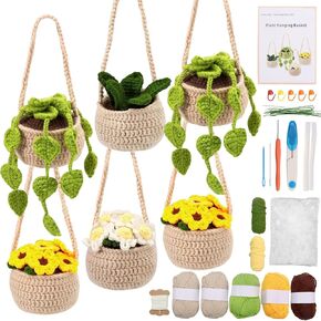 Soleeya Crochet Kit for Beginners 6 Pcs Hanging Plant Crochet Kit Crochet Plants Flowers Knitting Kit for Adults Learn to Crochet Including Yarn Tools and Video Tutorials, DIY Crocheting Craft Gifts