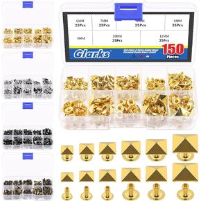 Glarks 150Pcs Gun Black Spike Rivet, 6mm 7mm 8mm 9mm 10mm 12mm Pyramid Rapid Rivet Studs Square Punk Spikes Leather Craft Decoration for Clothing Belts Bags Shoes