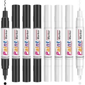 Black & White Permanent Paint Marker, 8 Pack Dual Tip Paint Pens Set, Fine Tip and Medium Tip (0.7mm 2-3mm), Whaterproof, Oil Based Ink, For Metal, Wood, Plastic, Fabric, Tire, Glass (4 Black 4 White)