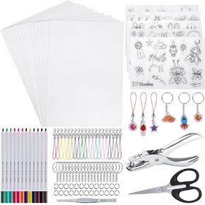 shynek Shrinky Film Sheets for Shrink Art, 125Pcs Shrinky Plastic Keychain Kit Including 20 Pcs Shrinky Paper, Hole Punch, Pencils, Keychains, Tweezers, Scissors for Crafts and Keychains