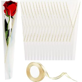 iHMeiju 100pcs Single Flower Sleeves with BONUS Ribbons, Rose Wrapping Bags Waterproof Single Flower Packaging Bags for Floral Arrangement Supply Wedding Valentine's Day Mother's Day