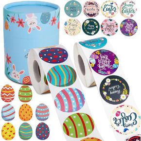Easter Stickers Bulk, 1000PCS 1.5 Inch Egg Stickers Bunny Stickers with 16 Designs, Round Roll Self Adhesive Easter Decals, Happy Easter Stickers for Kids Card Envelope Gift Decorations Decor