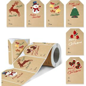 Foclover 250Pcs Chirstmas Kraft Stickers Thank You Labels,Xmas Tags Stickers Name Tag Labels, Self Adhesive Christmas Tag for Cards Envelopes Boxes，50 * 75mm,6 Designs