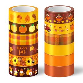 AnyDesign 12 Rolls Fall Thanksgiving Washi Tape Turkey Pumpkin Autumn Leaves Sunflower Patterned Masking Tape 15mm Harvest Decorative Tape for Fall Scrapbook Journal DIY Craft Gift Wrapping, 16.4Ft