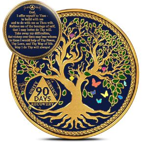 Tree of Life Sobriety Coins - Addiction Recovery Coins Sobriety Chips - AA Chips and Medallions - Anniversary Sobriety Gifts for Men & Women with Coin Capsule & Pouch - Days 90 in Saudi Arabia