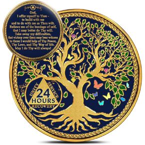 Tree of Life Sobriety Coins - Addiction Recovery Coins Sobriety Chips - AA Chips and Medallions - Anniversary Sobriety Gifts for Men & Women with Coin Capsule & Pouch - Days 90