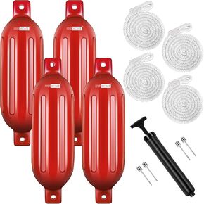VIVOHOME Vinyl Ribbed Boat Fenders 4 Pack, Boat Bumpers with Ropes, Needles, and Pump to Inflate Fit for Yachts, Sailing Dinghies, Bass Boats, Black
