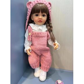 TERABITHIA 22 Inches Long Brown Hair Silicone Vinyl Full Body Anatomically Correct Lifelike Reborn Baby Doll Realistic Newborn Toddler Girl Dolls in Pink Woolen Set