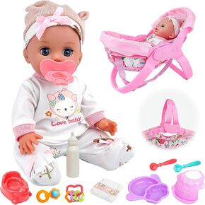 14" Baby Doll with Washable Doll Accessories - Lifelike Baby Doll Pretend Playset, Includes Carrier Bassinet Bed, Baby Doll Clothes, Feeding Set, Gift Idea for Ages 3+