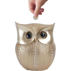 Piggy Bank for Kids Wisdom Owl Money Box to Save Cute Kawaii Resin Cash Coin Bank Saving Money Jar Box Storage Sculptures Home Decoration Desk Accessories Boys Girls (Golden)