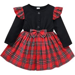 ROYLAMP Toddler Girls Plaid Tulle Tutu Dresses Ruffle Long Sleeve Button Black Mesh Skirt Dress 9 Months-5T