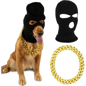 Dog Costume Knitted Mask and Gold Chain Halloween Christmas Funny Gangster Robbers & Thieves Cosplay Set Dog Ear Muffs Noise Protection Warm for Large Dogs
