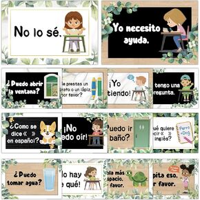 OBUSATT 14Pcs Spanish Poster Set Eucalyptus Spanish Phrases Classroom Decorations Spanish Theme Learning Poster Study Materials for Teachers Primary Preschool Classroom Language Study Classroom Decor
