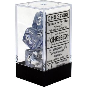 Chessex DND Dice Set-Chessex D&D Dice-16mm Nebula Black and White Plastic Polyhedral Dice Set-Dungeons and Dragons Dice ludes 7 Dice - D4 D6 D8 D10 D12 D20 D%, Various, Regular (CHX27408)