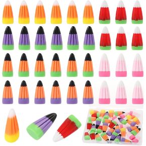 36 Pieces Fake Candy Corn Embellishments, Halloween Decor Resin Candy Corn Beads Party Supplies Candy Decors with Box DIY Crafts Scrapbooking Accessories (RainbowColor)