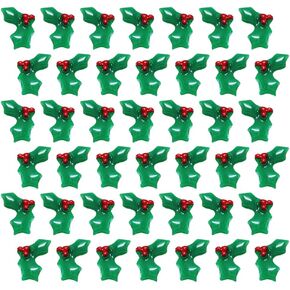 100 Pcs Plastic Christmas Holly Leaves Craft Berry Leaves Cute Leaves Charms Small Holly Berry Embellishments for Decoration