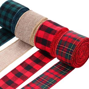 4 Rolls of Christmas Burlap Craft Ribbons, Buffalo Plaid Wired Ribbon for Christmas Wrapping Decoration, Colorful Wedding Floral Bow Crafts Ribbon (26 Yards by 1.97 Inches, 4 Colors)