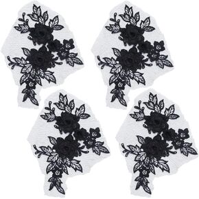 GORGECRAFT 4Pcs 3D Flower Embroidery Lace Applique Floral Embroidered Sew on Patches Flower Leaves Motif Trim Clothes Accessories for Bridal Wedding Dress Gown Costume DIY Crafts Sewing Black