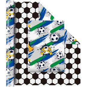 WERNNSAI Soccer Wrapping Paper - 1 Roll 17" x 33 ft Football Gift Wrap Roll Reversible Black White Square Design Sports Theme Wrapping Paper for Men Boys Birthday Holiday Sports Gifts Packing