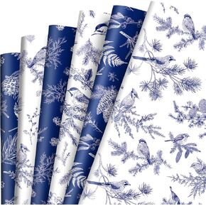 AnyDesign 12 Sheet Christmas Wrapping Paper Blue White Gift Wrap Paper Bulk Pine Birds Decorative Craft Art Paper for Xmas Party DIY Wrapping Supplies, 19.7 x 27.6 inch