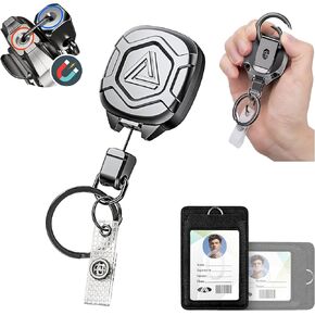 Azrra Heavy Duty Retractable Keychain - Magnetic ID Badge Reel with Horizontal & Vertical Badge Holder | Metal Badge Holder Retractable Clip Lanyard, Load up to 20oz