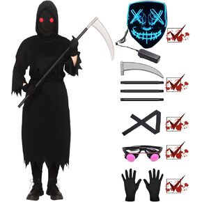 Grim Reaper Halloween Costume for Kids with Glowing Red Eyes, Scythe, Gloves for Boys, Kids and Adult