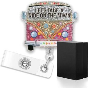 ERHACHAIJIA Let's Take A Ride On The Ativan Retractable Silver Glitter Badge Reel with Clip, Funny Flower Bus ID Card Badge Holder Gift for Nurse Doctor Hospice ICU ER Nurse Psych Nursing Anesthetist