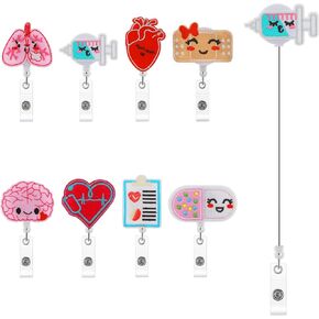8Pcs Nurse Badge Reels Felt, Retractable Themed Badge Holders, Brain Heart Lung ID Badge Reel, Cute Felt Badge Holder with Alligator Clip and Retractable Cord for School Hospital Nurses Teacher