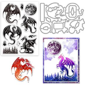 GLOBLELAND 2Pcs Dragon and Moon Clear Stamps and Cutting Dies Silicone Clear Stamps Cards and Metal Die Cuts for Card Making and DIY Embossing Scrapbooking