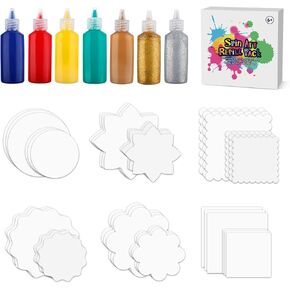 Spin & Paint Refill Pack is for Arts & Crafts Painting Spinner Toys, Set of 36 Cardboard Pieces in 6 Unique Shapes, 2 Different Sizes, 3 Pieces Each - 7 Bottles of Colored Paint