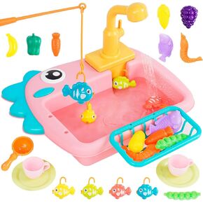 Kitchen Sink Toys with Running Water Kids Play Kitchen Accessories with Automatic Water Circulation Tableware Accessories Vegetable Fruit Fishing Games Gift for Girls and Boys