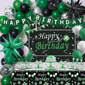 Green Black Birthday Decorations for Men Women, Black and Green Silver Party Decorations, Boys Girls Happy Birthday Banner Backdrop with Confetti Star Balloons Arch Kit Tablecloth Bday Party Supplies