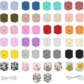 60Pcs Silicone Beads 14mm Hexagon Silicone Beads for Keychain Making Bulk 30 Colors Large Polygonal Loose Round Rubber Beads for Pens Necklace Bracelet Making Kit Jewelry, Art Crafts DIY Geometric