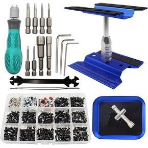RC Car Repair Work Stand Repair Tool Set 360 Degree Rotation and 523 PCS RC Screws Kit & RC Screwdrivers and Screws Pallet Kit for 1/8 1/10 1/12 1/16 1/18 RC Crawler Car Truck Buggy (Navy Blue)