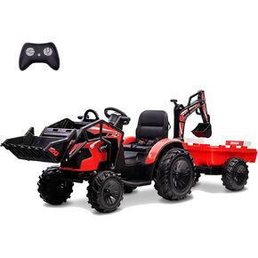 3 in 1 Ride on Tractor, 24V Ride on Excavator with Remote Control, Kids Electric Vehicles w/Trailer, Shovel Bucket, Digger, EVA Tires, LED Lights, Ride on Car for Kids Toddlers, Red