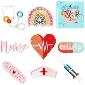 8 Pcs Nurse Embroidered Patches Cute Medical Nursing Sew Iron on Applique Decorative Repair Patch Emblem Nurse's Day Gifts DIY Crafts Accessories for Clothing Scrubs Jacket Jeans Backpack Hat