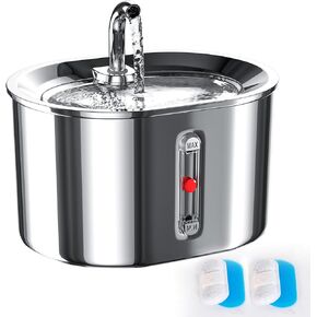 Joric Cat Water Fountain Stainless Steel, 2.5L/85oz Automatic Cat Water Dispenser with Water Level,Water Fountains for Cats Indoor,Super Silent Suitable for Multiple Pets, 2 Pack Filter Replacement