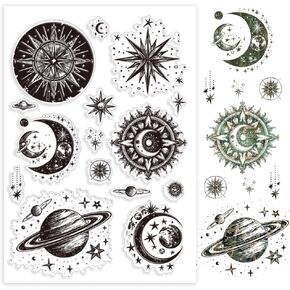 PH PandaHall Stars Clear Stamps for Card Making, Compasses Silicone Stamp Moon Transparent Craft Seal Stamp Rubber Stamp Planet Clear Stamps for DIY Scrap Booking Crafting Album Journal Decor