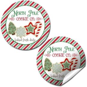 North Pole Cookie Company Festive Striped Christmas Sticker Labels, Total of 40 2" Circle Stickers by Amanda Creation