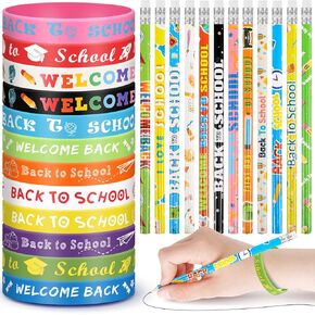 Sabary 48 Pcs Back to School Pencils Silicone Bracelets Set Back to School Party Favor for Kids First Day of School Bulk Pencils Bracelets Gifts for Classroom Reward Party Supplies