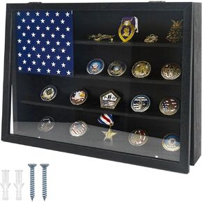 Military Challenge Coin Display Frame 12x16, Wooden American Flag Wall Decor Medal Display Case, Government Military Challenge Coin Holder Red